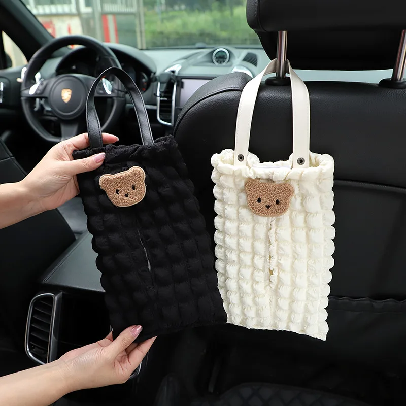 

Puff Knit Car Tissue Box Holder, Cute Cartoon Bear Hanging Auto Tissue Dispenser, Soft Car Seat Back Organizer for Car