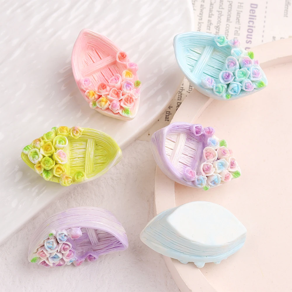 5PCS Shiny Flower Boat Series Miniature Flat Back Resin Cabochons For Hairpin Scrapbooking DIY Home Decor Craft Accessories