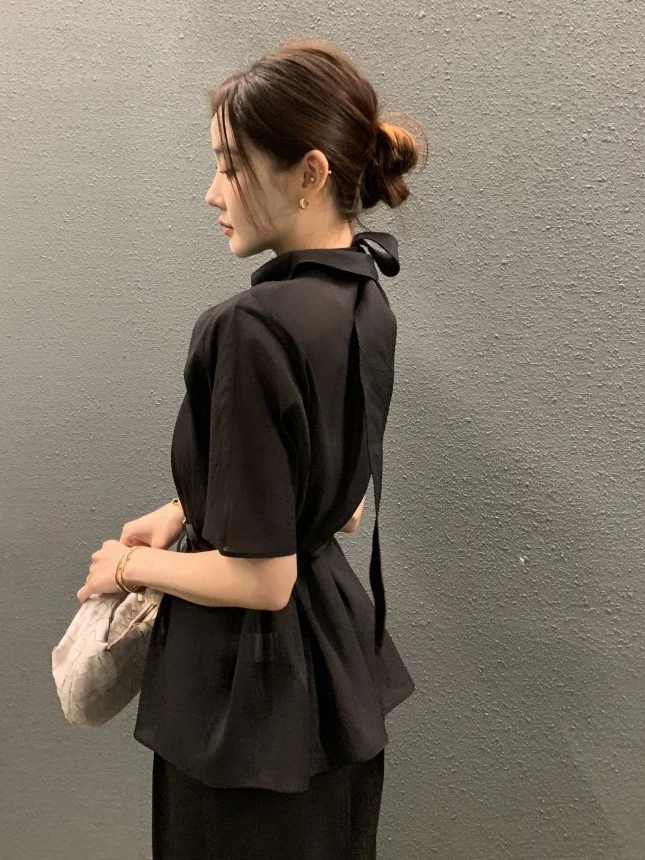 

Ele High Collar ort Sve irt Women's Summer Faion Design Waist Cinching Sa Korean Sle Bubble Sve Blouse