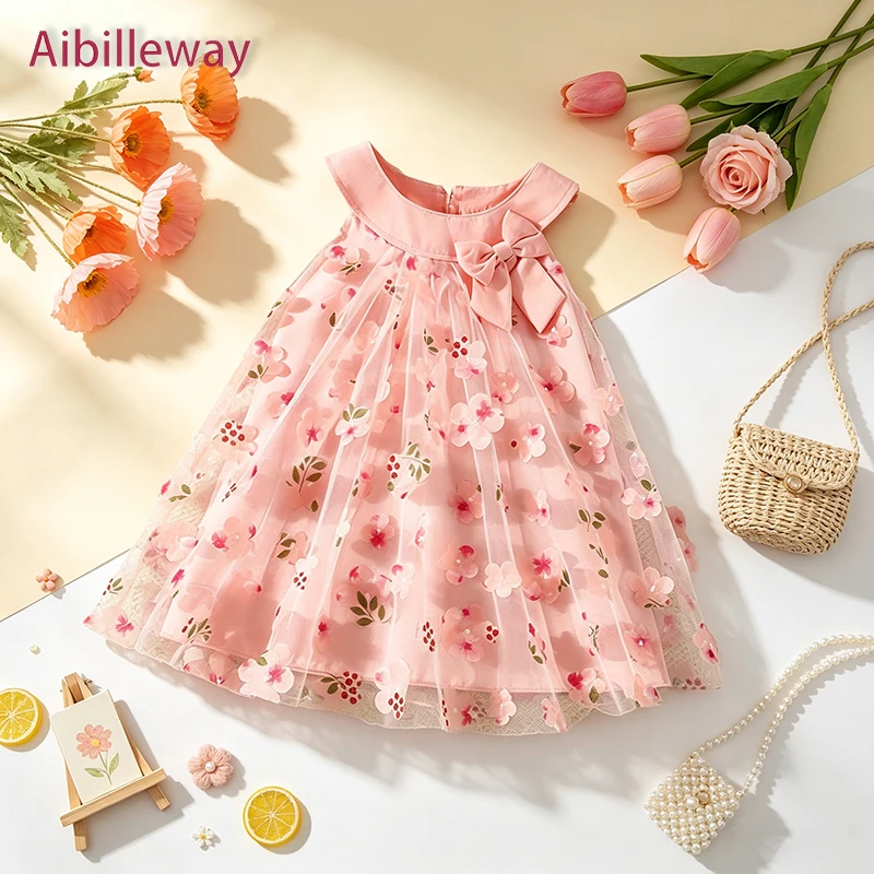 Toddler Girl Pink Cherry Blossom Tulle Dress Sleeveless Floral Princess Baby Girl Dress for Birthday Party & Special Occasions
