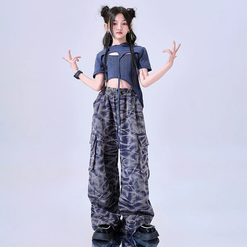Roupas de dança jazz para meninas, roupas de verão para quadril e rua, mangas curtas, tops curtos, calças largas, roupas de performance de dança moderna bl15743