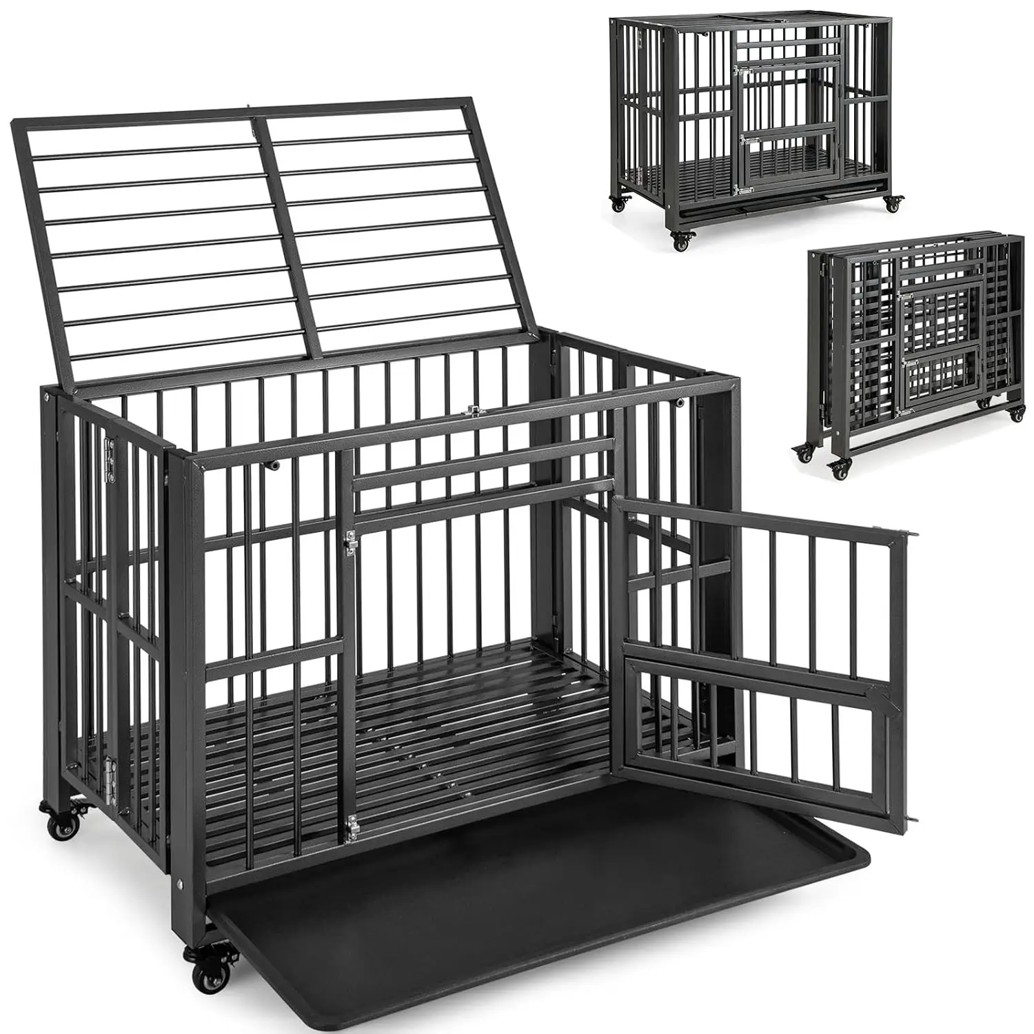Foldable Metal Dog Crate with Top & Front Doors, Feeding Access, Removable Tray, Lockable Wheels, Indoor Outdoor,  Customized