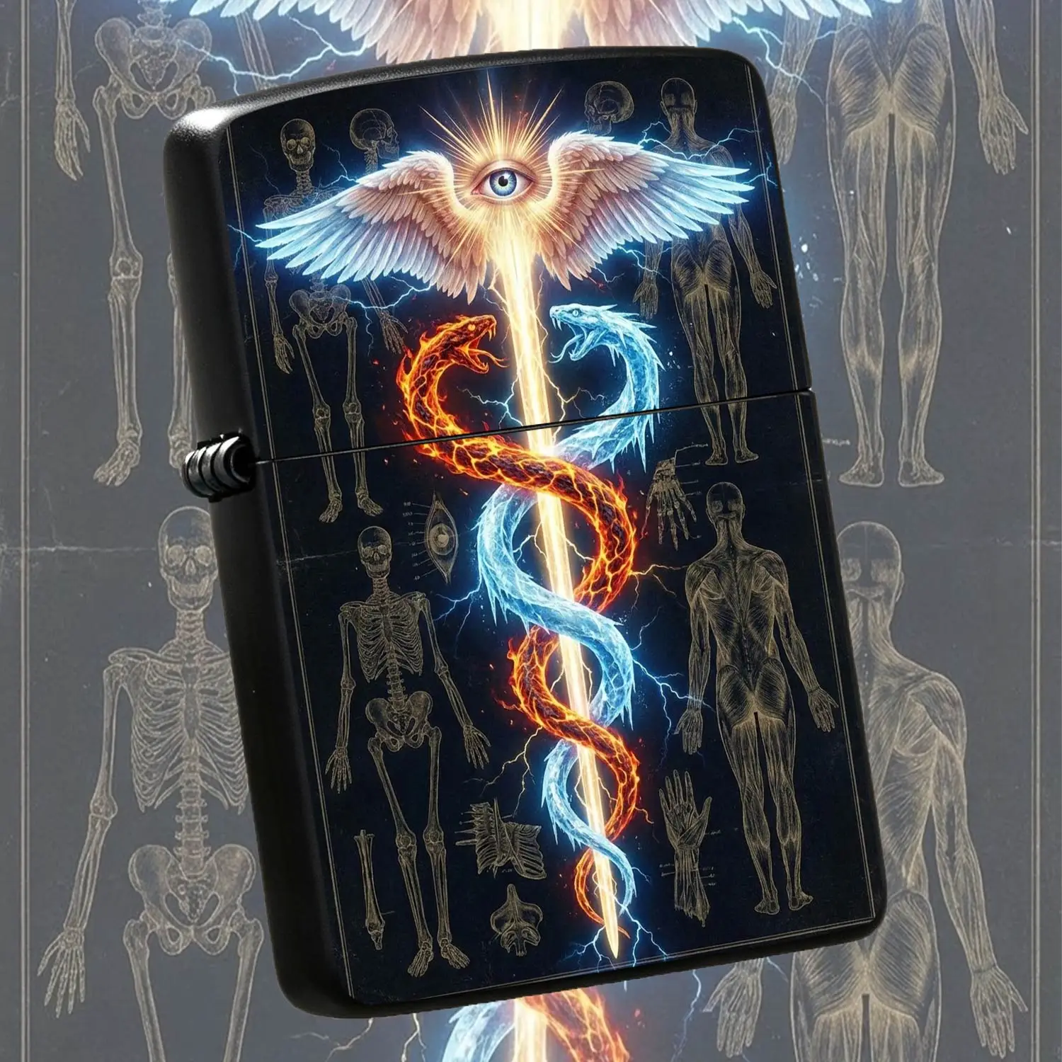 Mystical Caduceus Pattern Portable Lighter, Retro Anatomical Style Artistic Ignition Device, Unique Aesthetic Accessory For Daily Carry, Ideal Gift For Various Scenes, Eye-Catching Esoteric Themed Practic A Humorous And Interesting Lighter