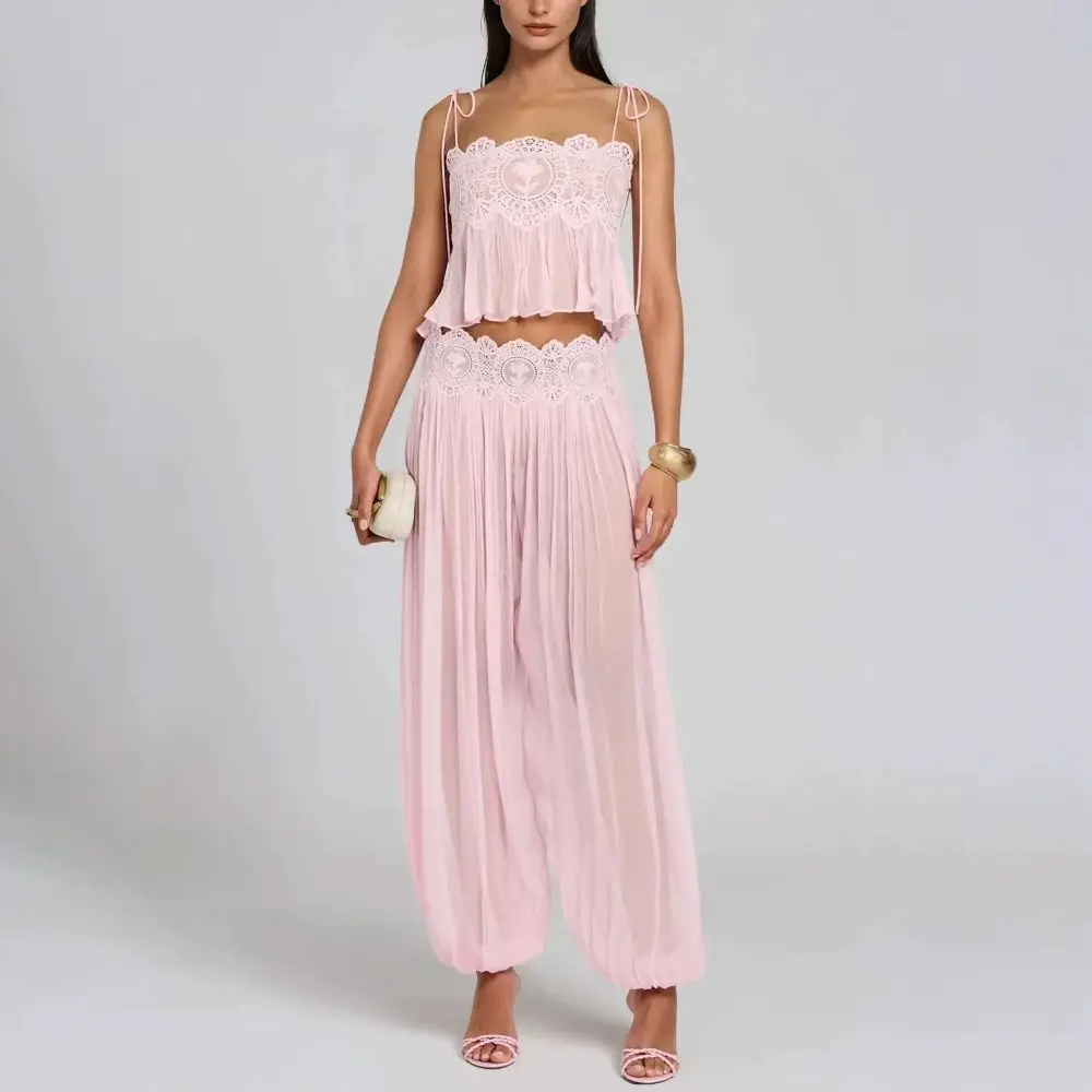 See Through Camisole Pants Sets Wide Leg Lace Trim Detail Lace Pant Set High Waist Square Neck Pleated Lantern Pant