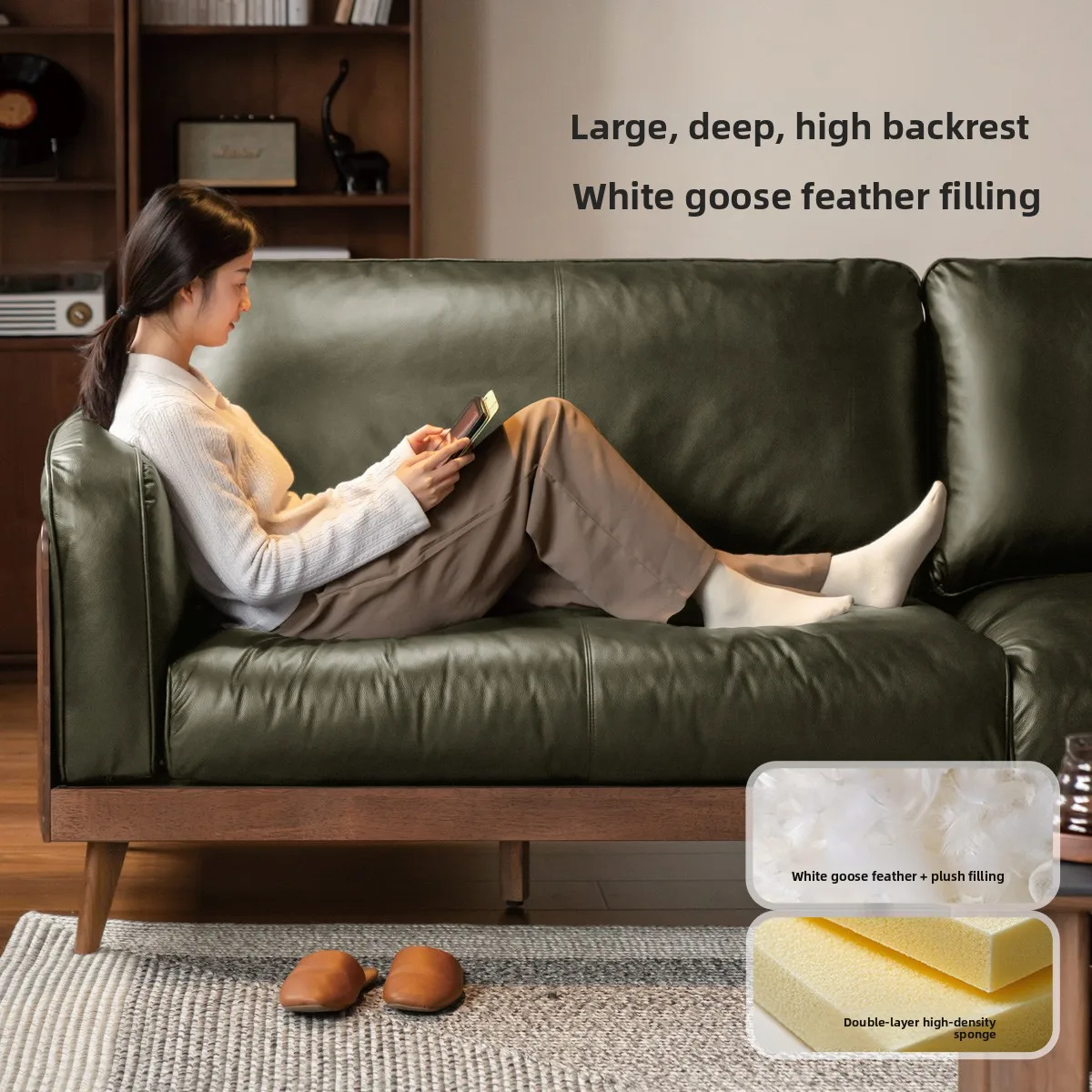 LMM solid wood sofa Italian light luxury small apartment first layer cowhide solid wood living room sofa