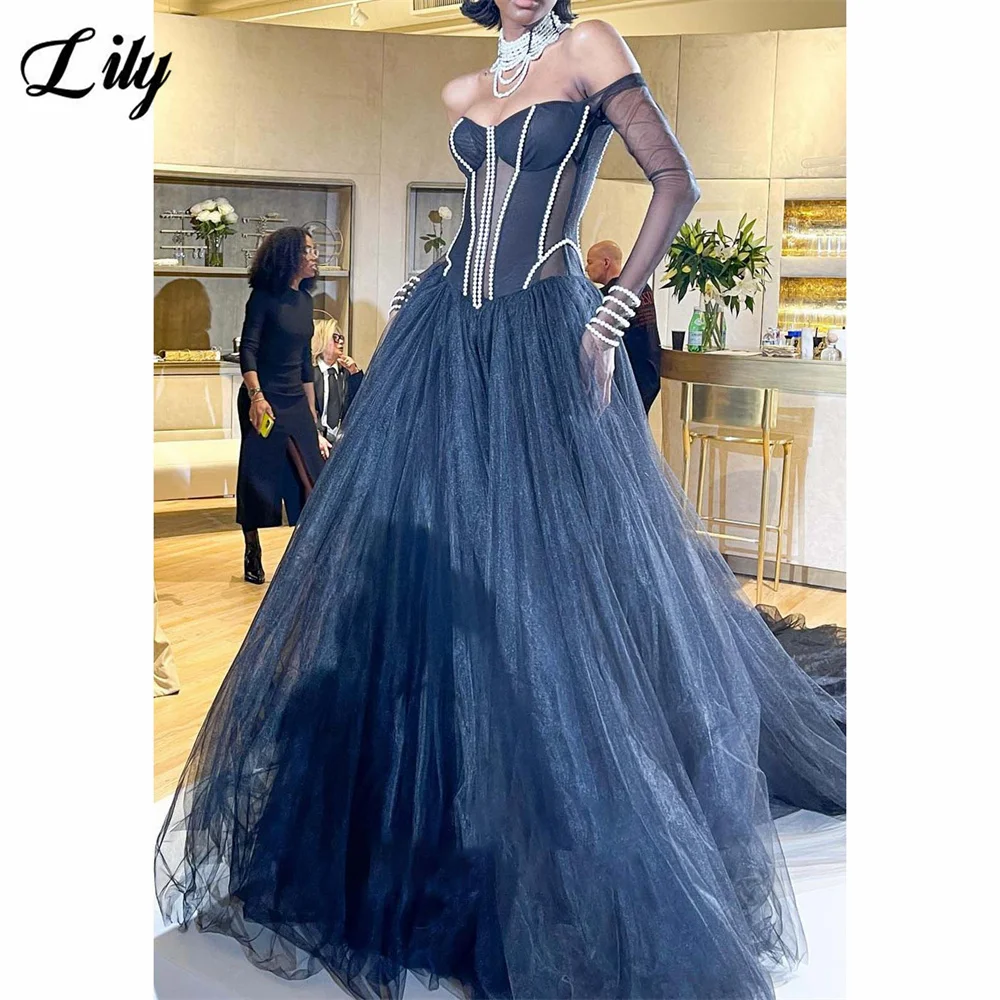 

Lily Dusty Blue Evening Dress Off the Shoulder Full Sleeve Party Dresses with Pearls A Line Prom Gown robes du soir Customized