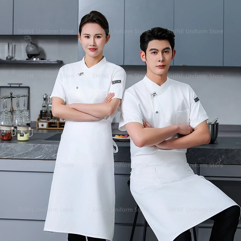 Uniforme de Chef noir, tablier de Restaurant, manches courtes, Short de Chef, veste de cuisine, manteau de Chef respirant, vêtements de travail d'été pour hommes, Logo