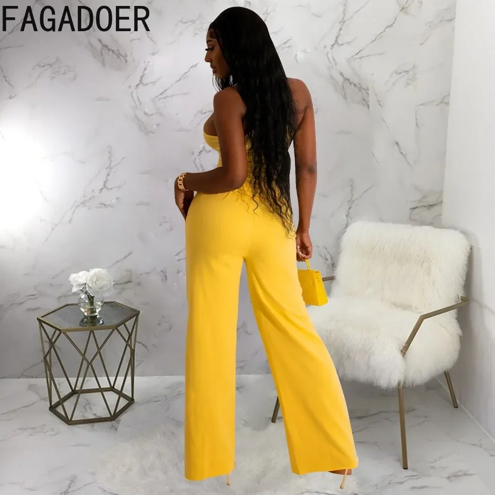 FAGADOER Fashion Solid Bodysuits And Drawstring Wide Leg Hole Pants 2 Piece Sets Outfits Women U Neck Sleeveless Loose Clothing