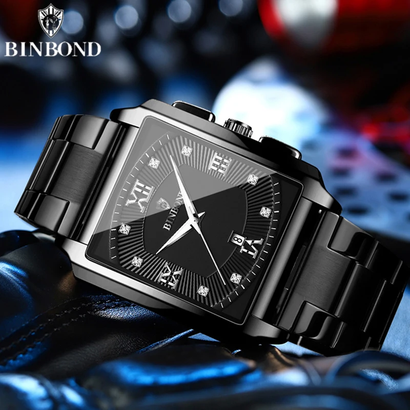 BINBOND B4143 Top Luxury Big Dial Men Watches Square Quartz Stainless Steel Waterproof Sport Automatic Date Business Men Watches