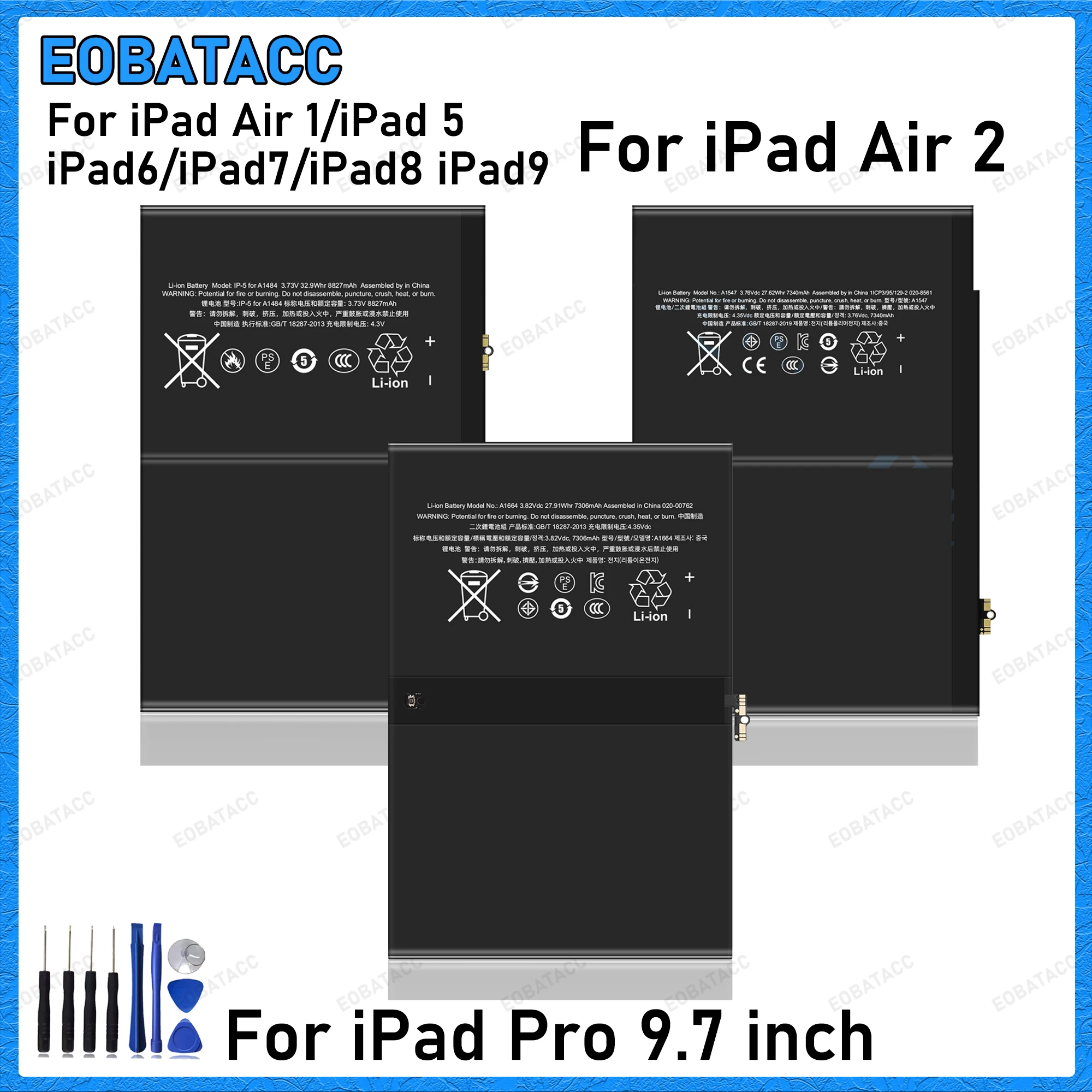 Tablet Battery for iPad Air 1 Air 2 iPad 5 6 7 8 9 iPad Pro 9.7 inch Replacement Battery A1474 A1475 A1566 A1567 A1823 A2602
