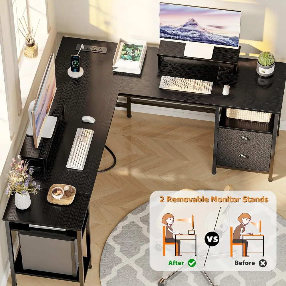 L-Shaped Gaming Desk with Power Outlet, Reversible Design, File Drawer, and Dual Monitor Stands for Home Office