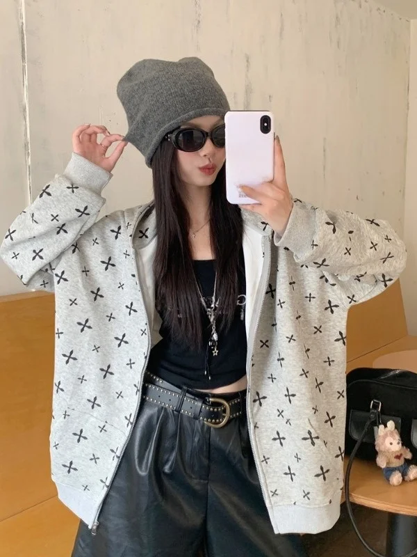 

plus Size Women's American Retro Print Hoodie Jaet Loose Fit Autumn Winter New Sle Casual Versatile Open Cardigan Top
