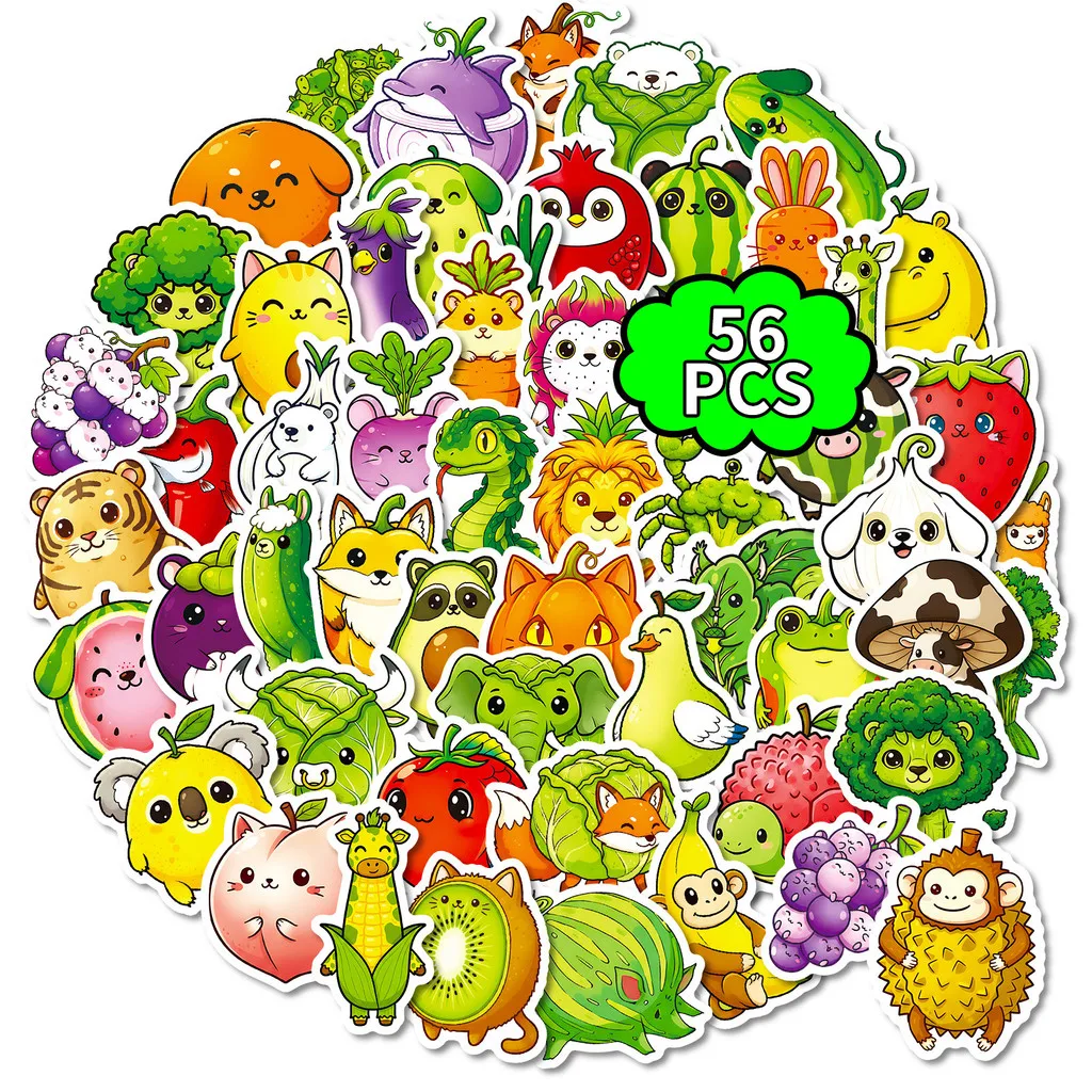 56Pcs Cartoon Veggie Fruit & Animal Doodle Stickers, Creative Craft Decals for DIY Decor Anime Worlds Store