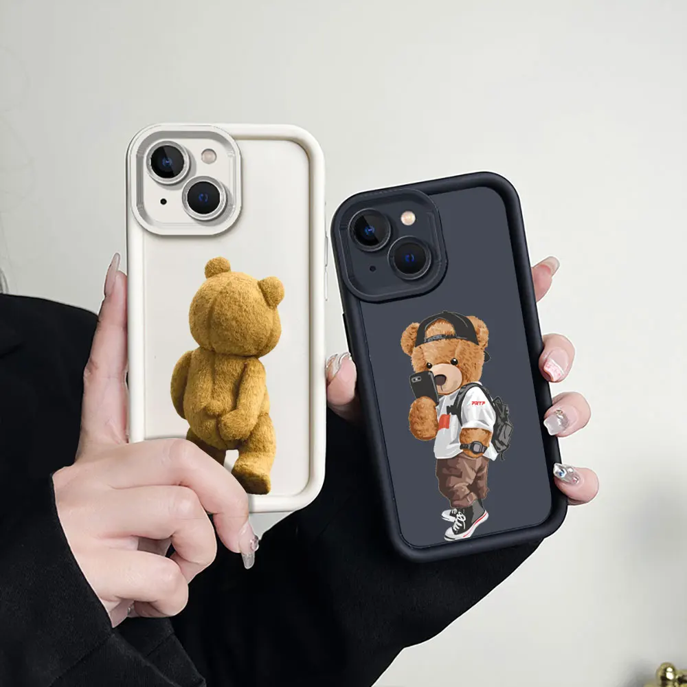 Fashion Cartoon Teddy Bear Phone Case For iPhone 15 14 13 12 11 Pro Max 8 7 Plus X SE XS Max Liquid Eye Ladder Shockproof Cover