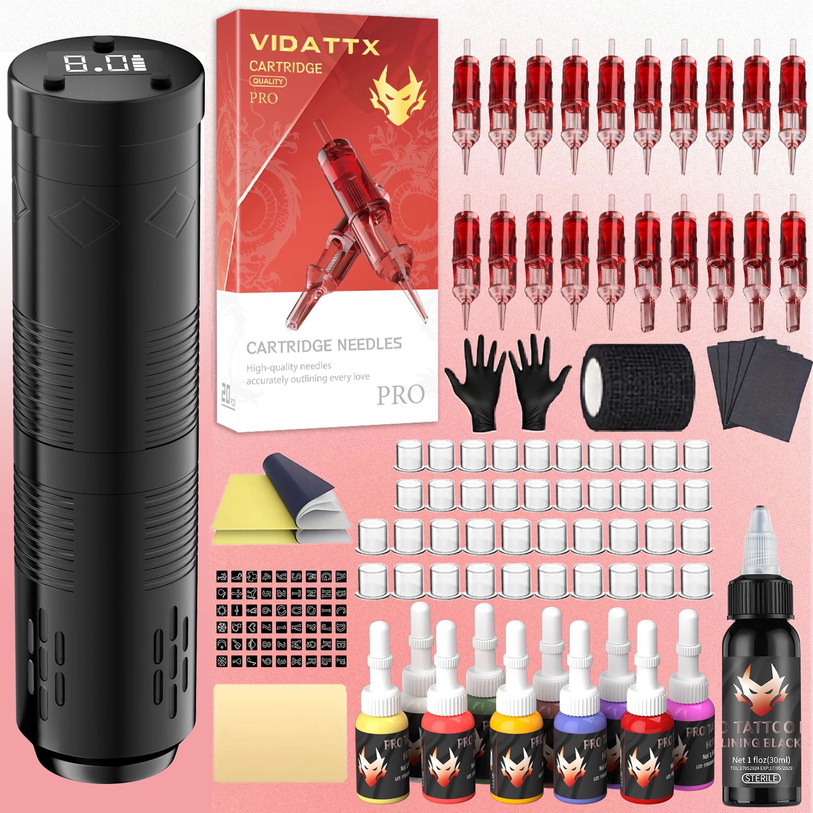 

VIDATTX Tattoo Kit Wireless High Quality Tattoo Machine Kit 20Pcs Tattoo Needles High Power Tattoo Power Supply Tattoo Pen Kit