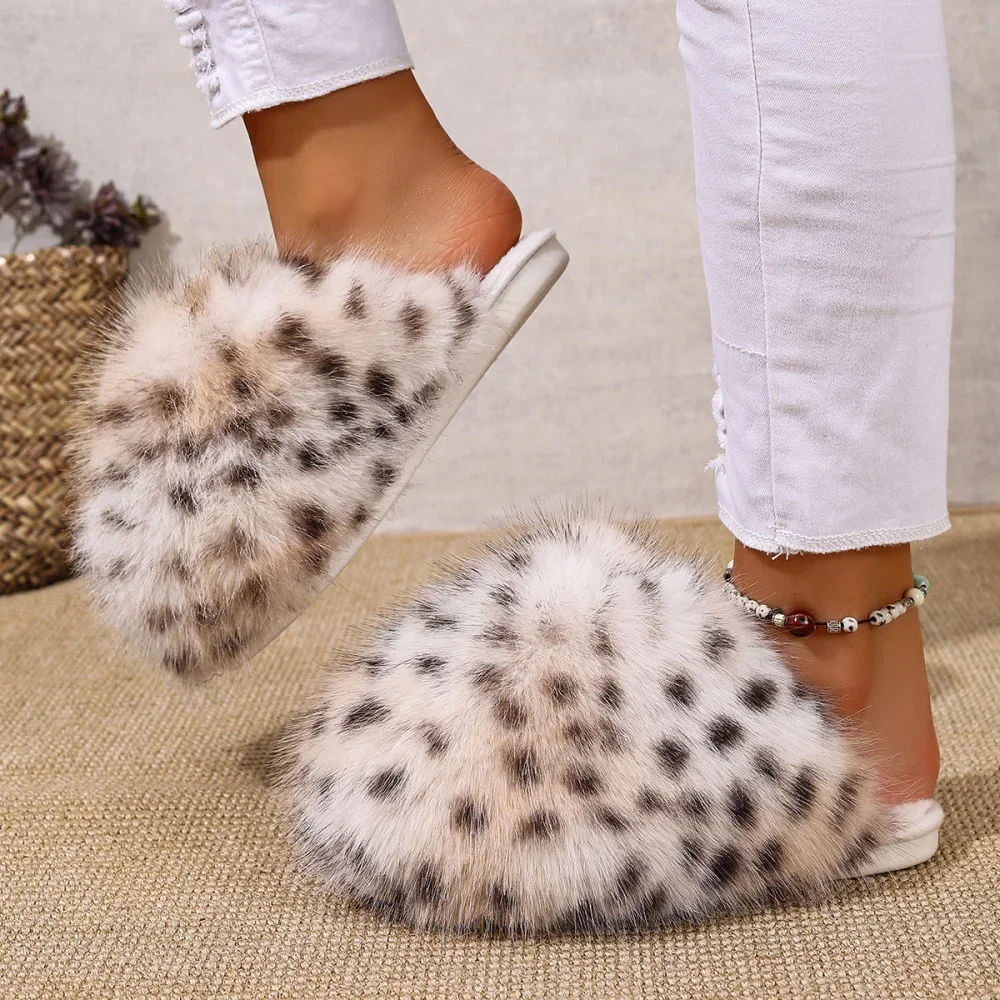 Damen Warme Hausschuhe Plüsch Leopardenfell Flauschige Pantoffeln Große Größen Geschlossene Zehenpartie Flache Sandalen Weiche Bequeme Schuhe für Frauen – Detail 27
