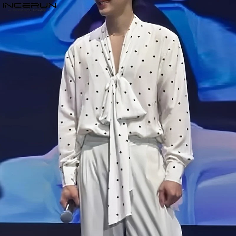 

Vintage Long Sleeve Summer Spring Tops Tee Bow Dots Print Men Shirts V Neck Buttons Streetwear Oversize Men's Clothing INCERUN