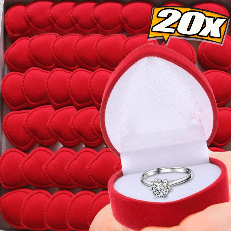 1-20PCS Flocking Red Heart Shape Ring Boxes for Wedding Rings Romantic Valentine Day Gifts New Charms Jewelry Display Cases