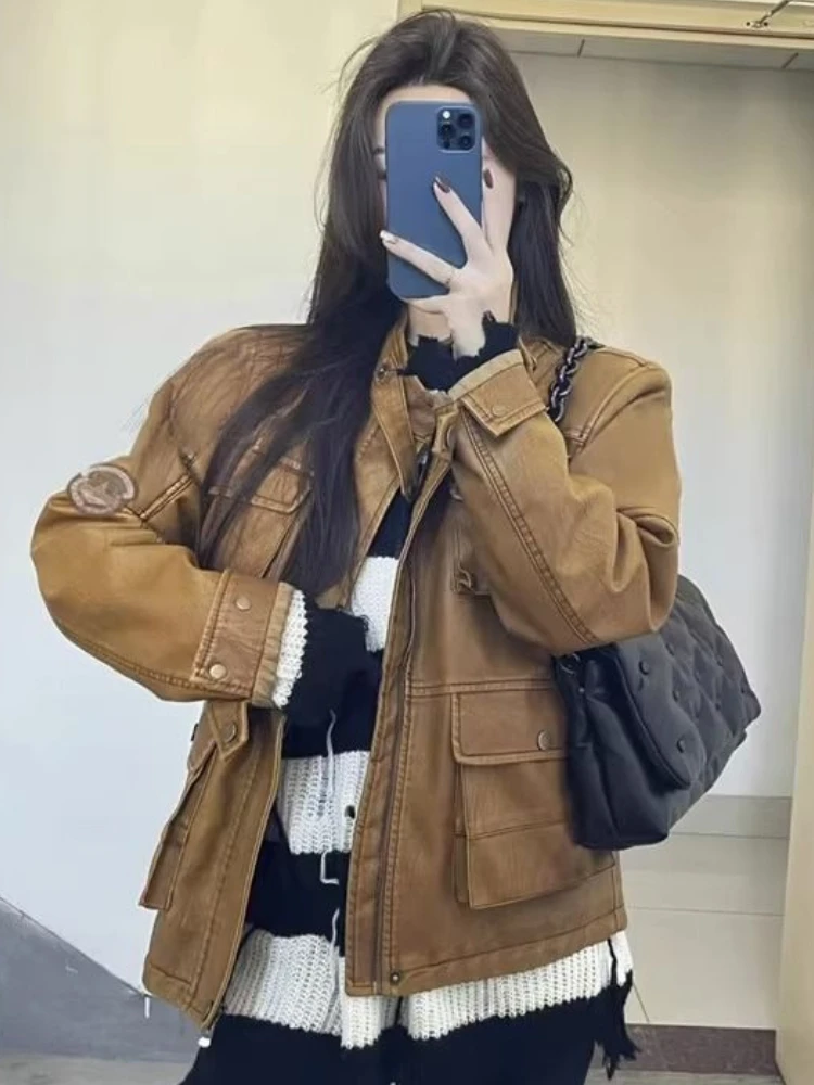 Brown Vintage Leather Moto Jacket Women 2023 Winter Warm Korean Fashion Biker Jacket Female Casual High Street Pockets Chic Coat