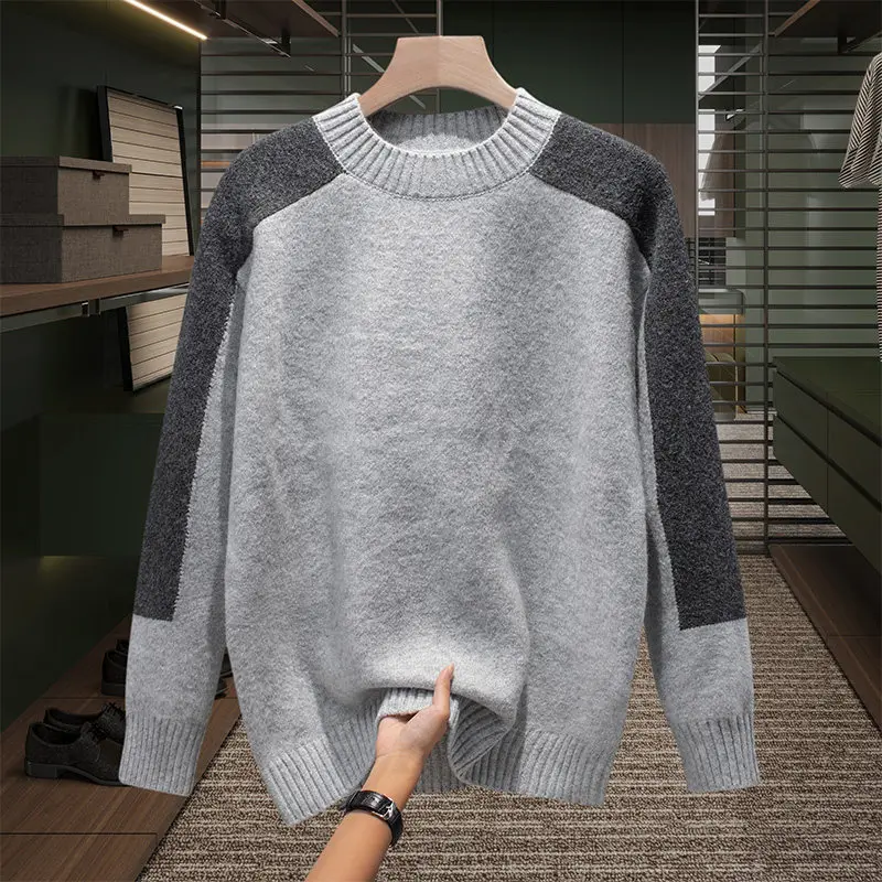 

Мужской модный повседневный вязаный свитер с круглым вырезом, теплый шерстяной топ в стиле колор-блок, универсальная осенне-зимняя одежда