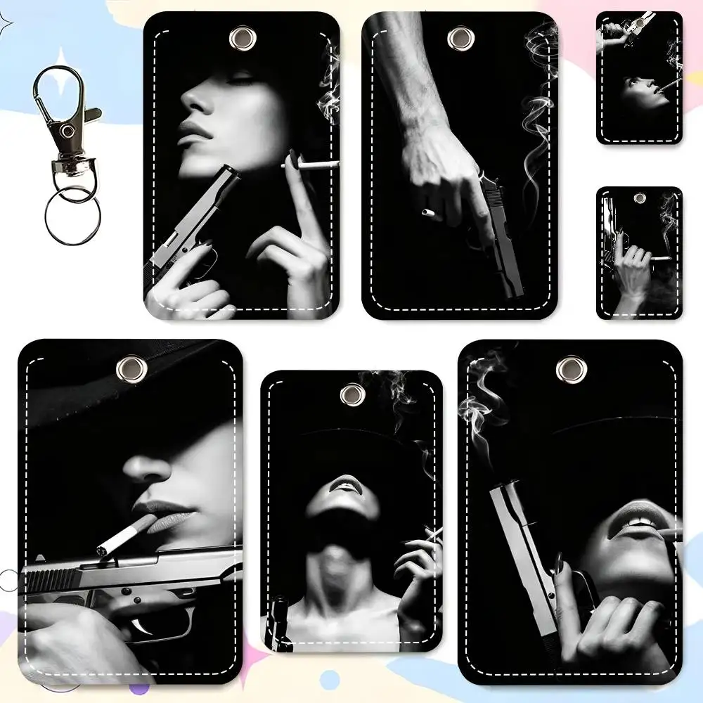 1pc Black And White Print S-exy Woman Card Case Keychain Access Card Bag Key Tag Ring Leather Card Holder Key Ring Access