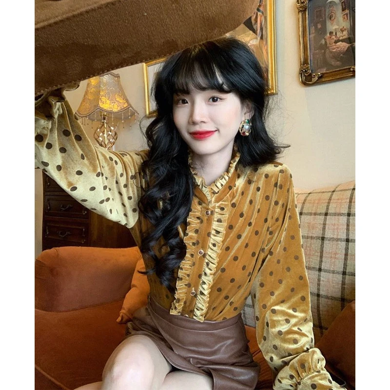 Fashion Gold Velvet Polka Dot Blouse Women\'s Autumn Winter New Long Sleeve Temperament Loose Shirt Tops Elegant Vintage Clothing