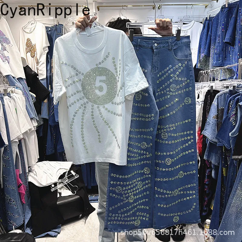 Luxury Shiny Hot Diamonds Casual Women Two-piece Set Trendy Loose Short Sleeve White T-shirt Top + High Waist Wide Leg Pants