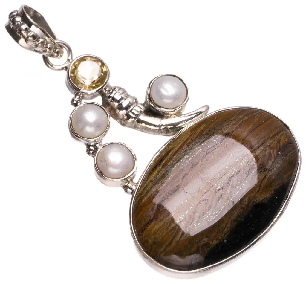 StarGems Iron Tiger Eye,River Pearl and Citrine Handmade Boho 925 Sterling Silver Pendant 2