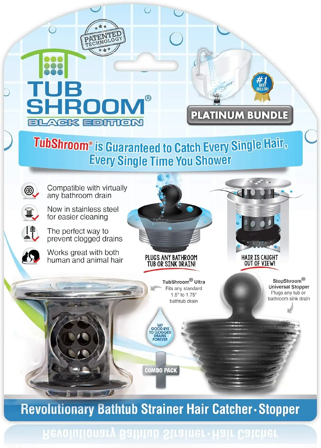 

Tub Drain Hair Catcher Combo with Silicone Stopper, Black Chrome – Protects Bathroom Drains, Fits Standard 1.4” to 1.8” Bathtubs
