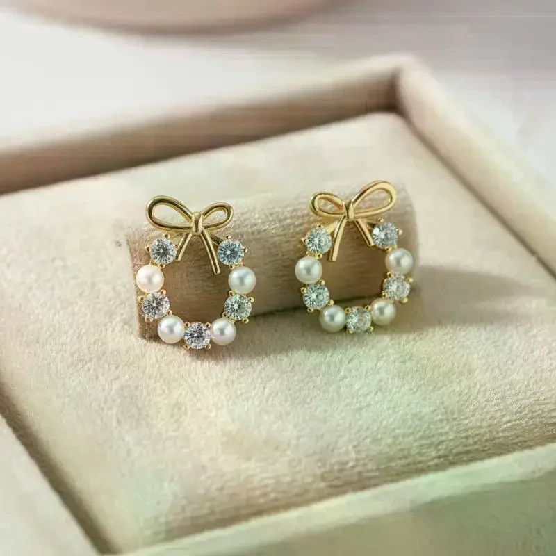 Gold Plated Bow Circle Stud Earrings With Faux Pearl Shiny Cubic Zirconia For Wedding Date Daily Wear