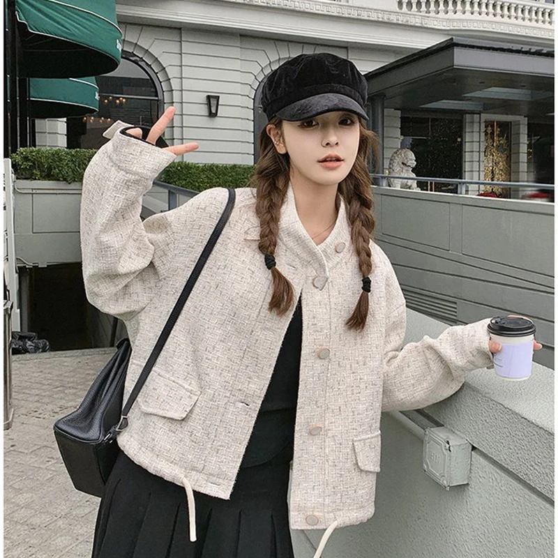 

Fashion Small Fragrance Coats Women Autumn Casual All Match Elegant Solid Short Jackets Loose Lace Up Buttons Sweet New Outwear