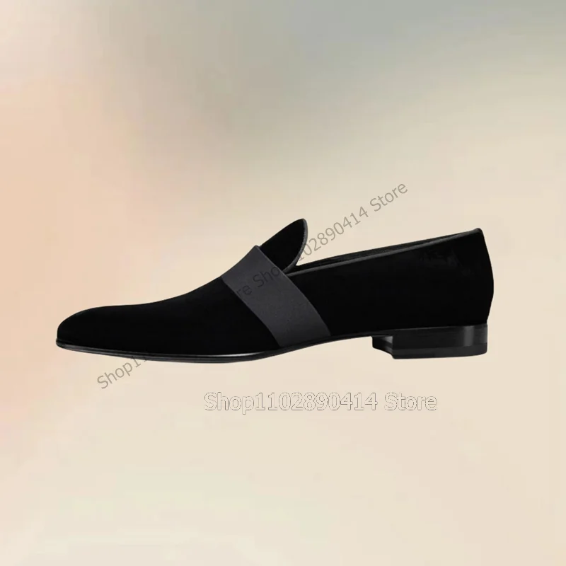 

Black Riband Decor Low Top Flock Loafers Fashion Slip On Men Shoes Luxury Comfort Handmade Party Feast Banquet Men Casual Shoes