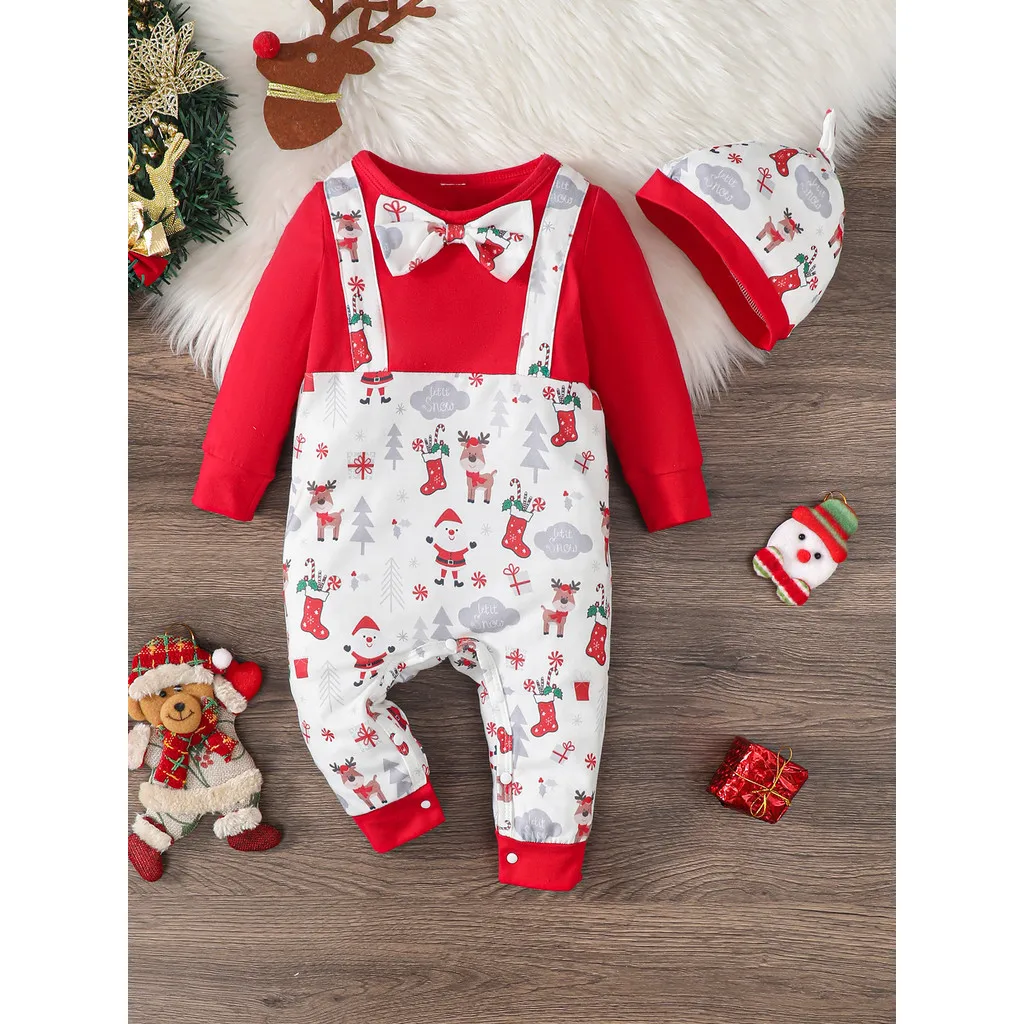 2PCS Baby Boy Christmas Romper Long Sleeved Santa Claus Print Jumpsuit+Hat Festival Party Costumes for Toddler Boy 0-2Years