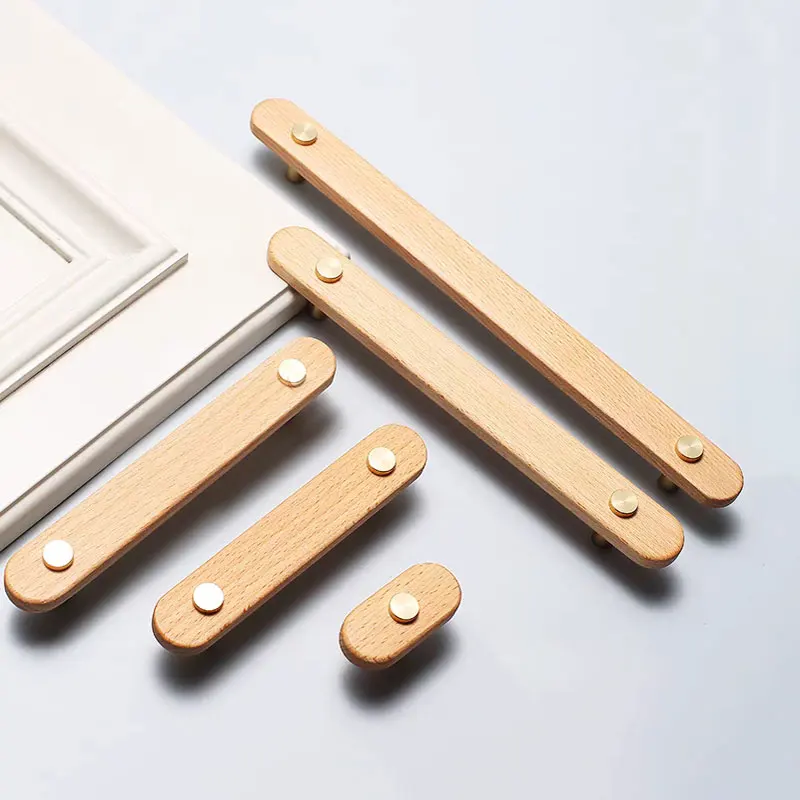 Natural Wooden Cabinet Handles Beech Solid Brass Kitchen Cupboard Door Knobs Wardobe Pulls Modern Simple Furniture Hardware