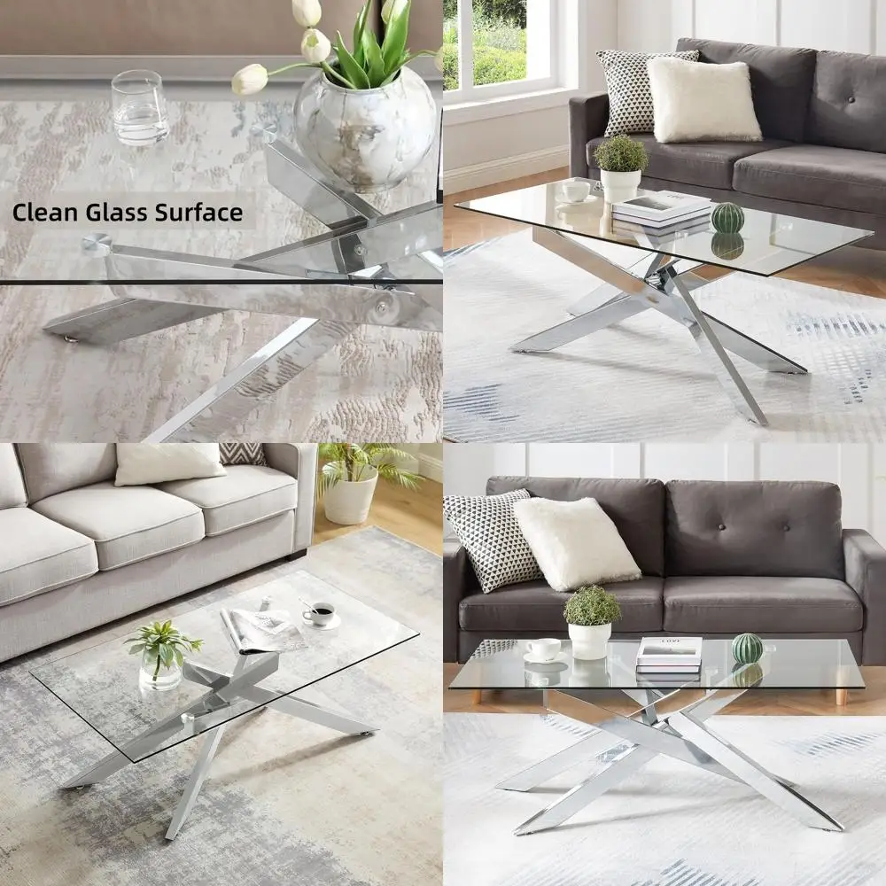 

Современный журнальный столик с закаленным стеклом и серебристой металлической рамой, 47,3 x 23,6 x 18,1