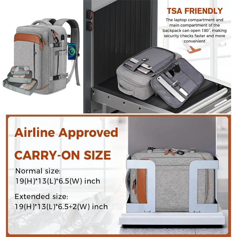 حقيبة ظهر للحمل، حقيبة ظهر للسفر معتمدة من الطيران مع 3 مكعبات تعبئة، حقيبة سفر كبيرة قابلة للتوسيع سعة 40 لتر تناسب الكمبيوتر المحمول مقاس 17.3 بوصة، النمل