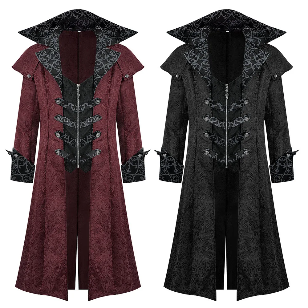 

New Medieval loween Men's Gothic k Clothing Coat Jaet Retro Outerwear Long Pants Satin Fabric All Seasons Color