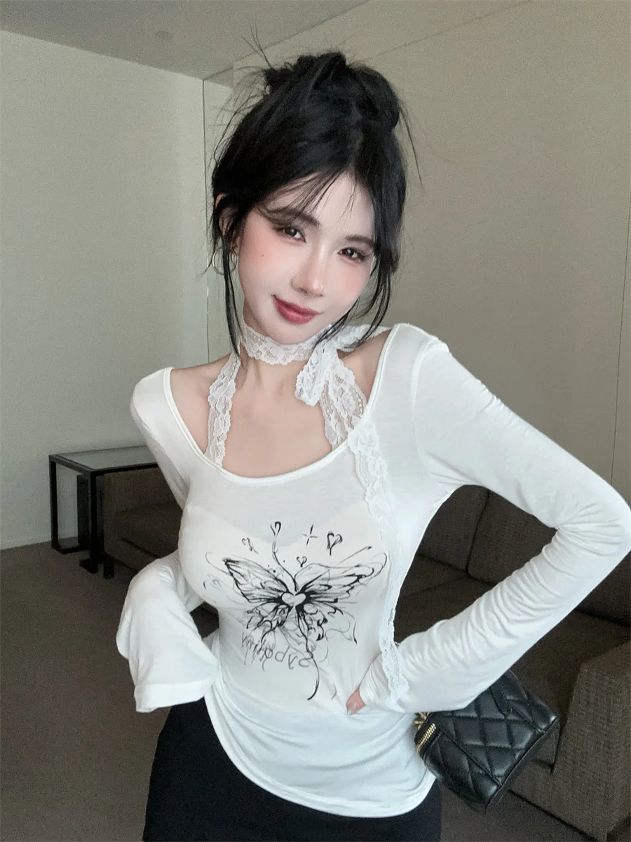 

Slimming Print T-Shirt Women's Lace Splice Neck Hanging Waist Design Korean Style Commute Fashion plus Size Top