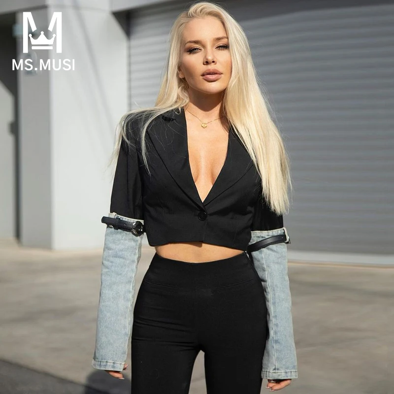 MSMUSI 2024 New Fashion Women Sexy Patchwork Denim Jacket Turn Down Collar Long Sleeve Bodycon Party Club Blazer Top Outerwear