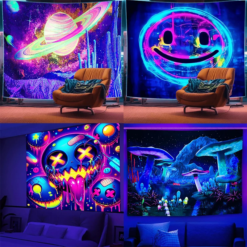 Ultraviolet punk cyberrobot luminous tapestry, indoor mood to create atmosphere, psychedelic luminous art, bedroom decoration