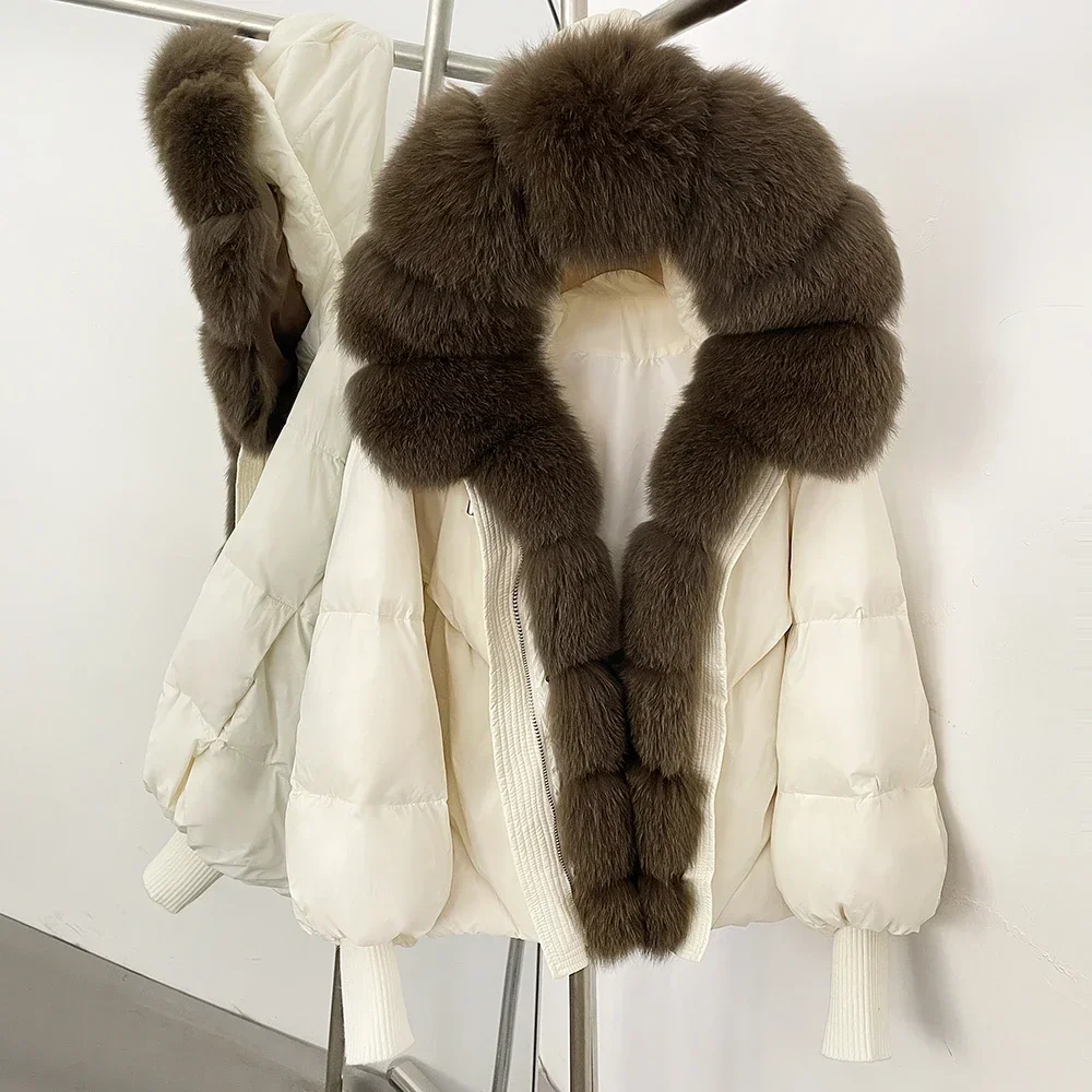 OFTBUY Neuer Wintermantel für Damen, Vollumhüllter Oversize-Mantel mit Echtfuchspelzkragen, Gestrickten Manschetten, Puffärmeln, Kurzer Daunenpuffermantel – Detail 22