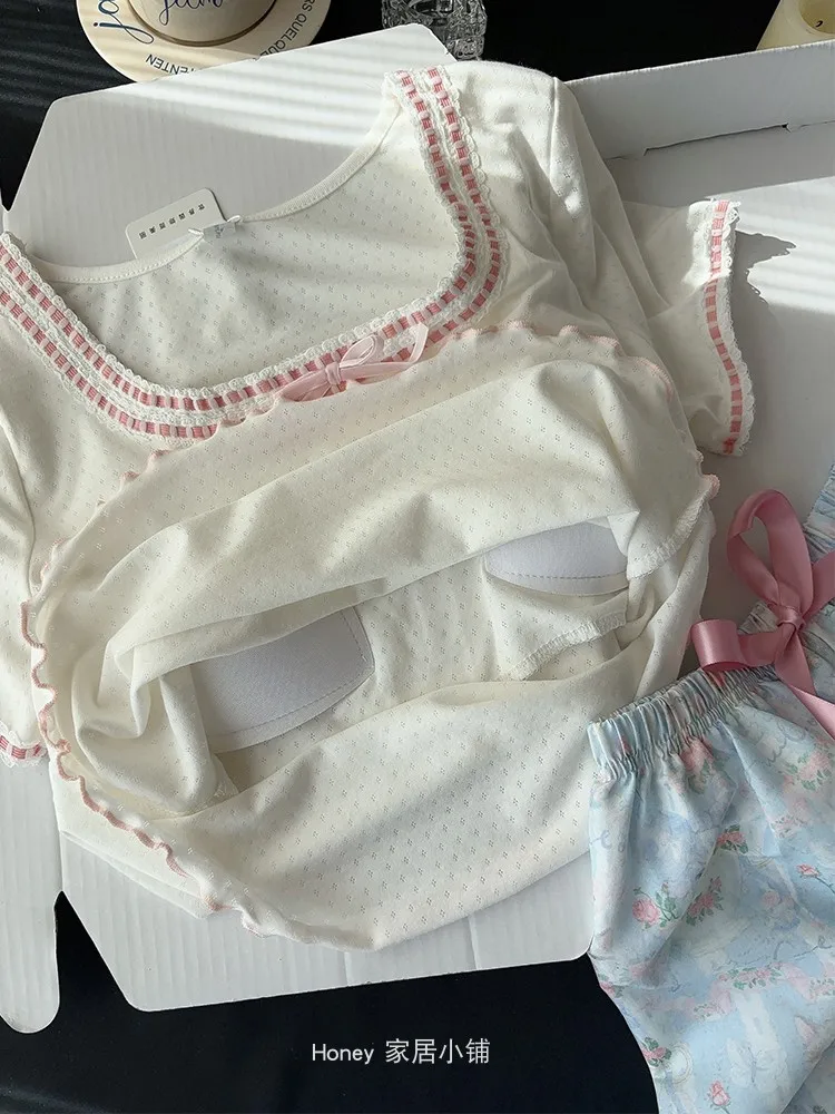 2025 summer new sweet sister short-sleeved pajamas cartoon cute cat woven cotton casual loose loungewear three-piece set