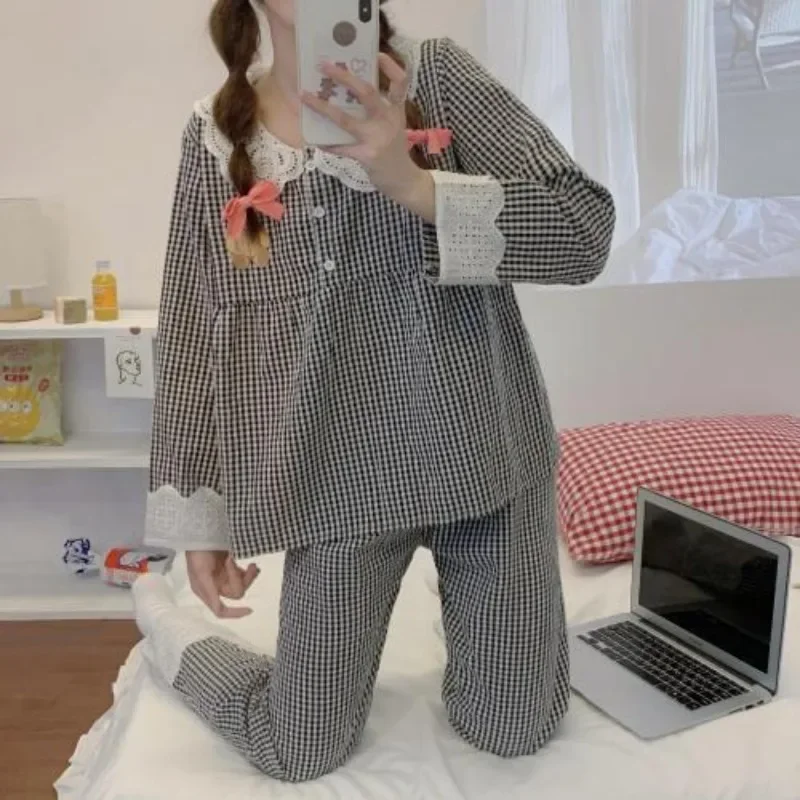 Pajama Sets Women Plaid Lace Special Lovely Charming All-match Korean Style Casual Fashion Basics Prevalent Tender Delicate New