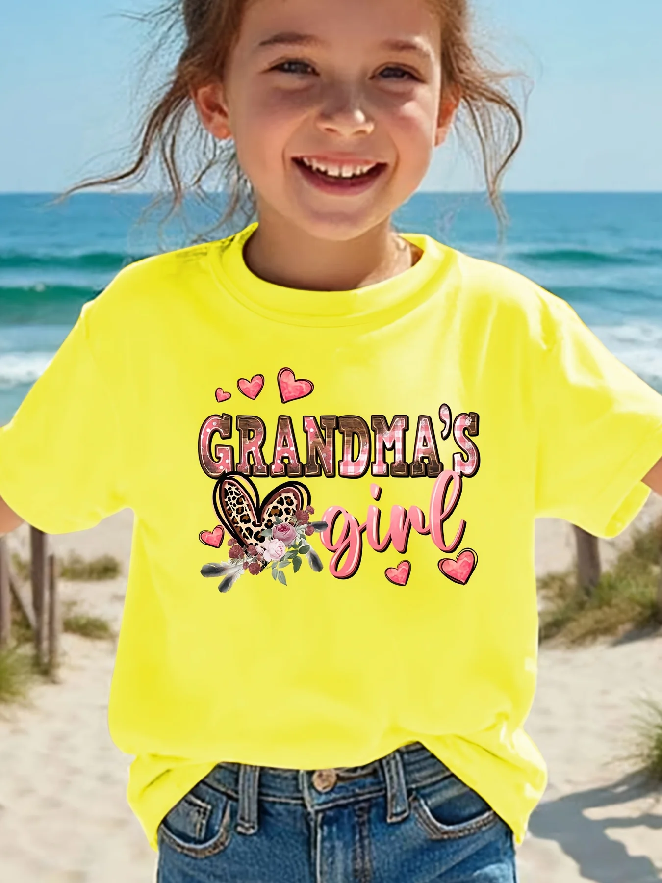 Grandmas Girl Kids T Shirt Black Short Sleeve Leopard Heart Floral Print Casual Tops Family Gift Soft Toddler Girls Daily Wear