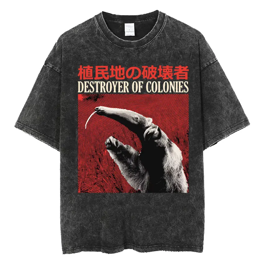 Destroy of Colonies Anteater Japanese Vintage Washed  T Shirt Men Fashion Casual Cozy T-shirts Harajuku High Quality T-shirt Y2k