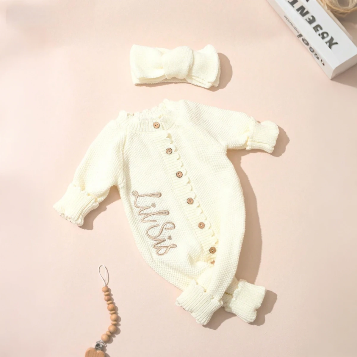 Ylsteed 2 peças de roupas de fotografia para recém-nascidos de malha com faixa de cabeça bordada bebê menina babado macacão infantil suéter de tricô-hd