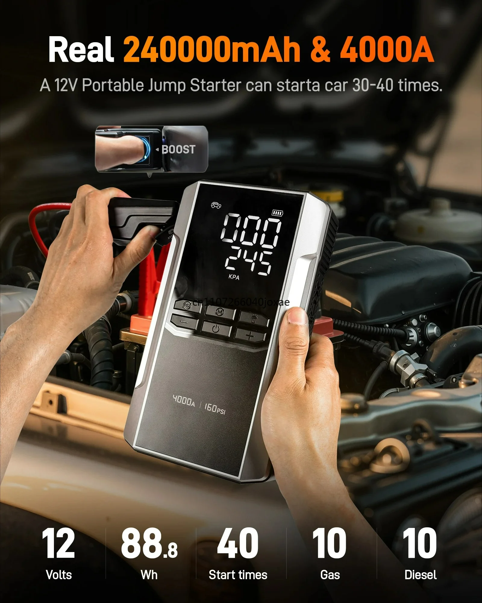 4000A Jump Starter with 160PSI Air Compressor, 12V Car Battery Booster, 65W Fast Charge, 24000mAh Portable Tire Inflator