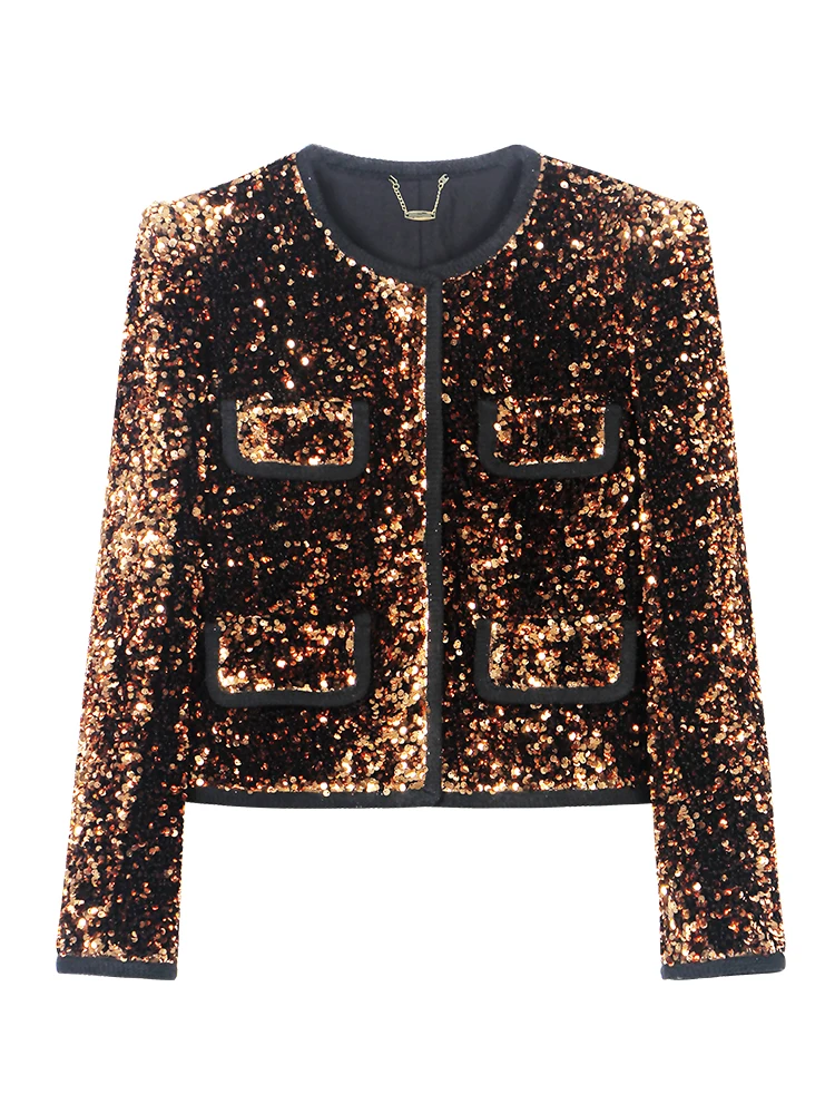 

2025 new niche catwalk style golden shiny big sequin pocket style fashionable short jacket for ladies