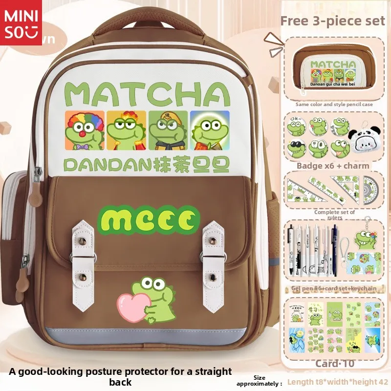 Mochila escolar Miniso Matcha Dandan, mochila fofa e grande para crianças, bolsa casual leve para meninos e meninas