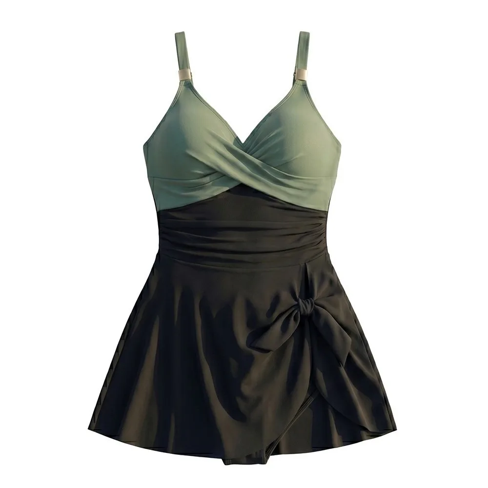 

Стильный женский купальник с плиссированной юбкой и V-образным вырезом, без рукавов, для пляжа, летний